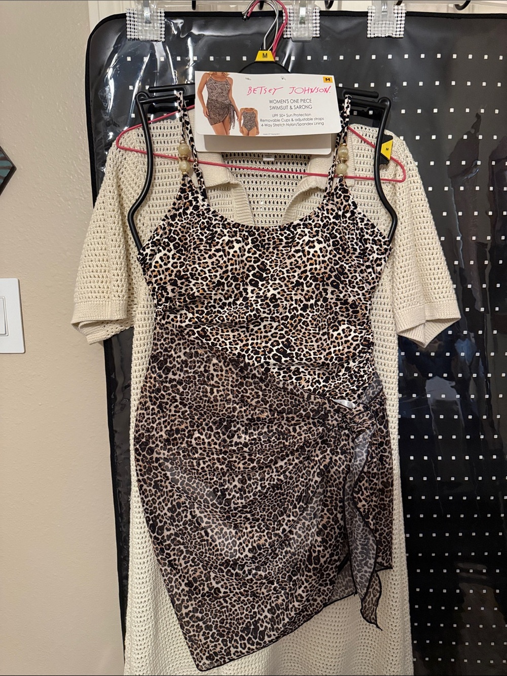 Betsey Johnson Leopard Swimsuit with Sarong and Beaded Strap Detail